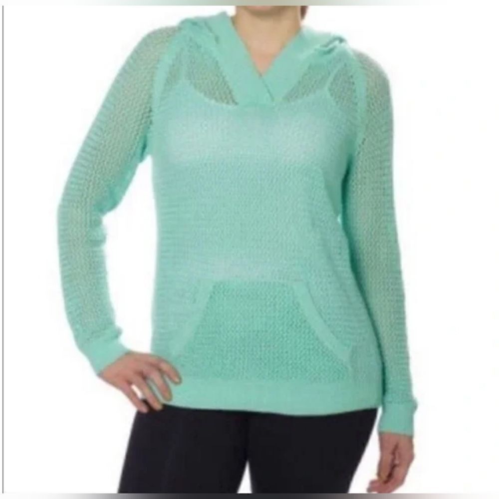 Shirt 469 M Sky Blue Lngslvs Crochet Knit Kangaroo Pocket Women Sweater Hoodie